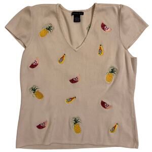 Vintage Eagles Eye Knit Short Sleeve Fruit Embroidered V-Neck Shirt Size L Women